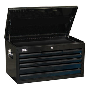Sp Tools Tool Box Black 7 Drawer Custom Sumo SP40120 • 30% Wider Than Standard Sp Custom Series Tool Cabinets • Heavy Duty 28 Ball Bearing Drawer Slides. • Dual Gas Strut Lid Stays. • Robust Wall Construction. • Full Drawer Extension Capability. • Double Powder Coating Resists Scratching.