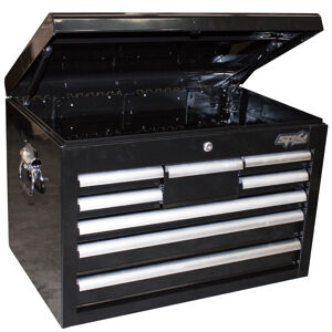 Sp Tools Tool Box Black Custom 8 Drawer SP40103 8 Drawer Custom Tool Box • Size (668W X 445D X 465H) • Full Drawer Extension Capabilities • Internal Locking System For Extra Security. • Heavy Duty 28 Ball Bearing Drawer Slides. • Robust Wall Construction. • Double Powder Coating Resists Scratching.