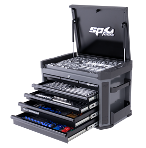 Sp Tools Tool Kit 281Pc Metric-Sae In Diamond Black Tech Series SP52255D • 730(W) X 47(D) X 507(H) • 6-19Mm & 1/4-7/8" Roe Combination & 10-22Mm & 3/8-7/8" Flare Nut Spanners • 1/4” 3/8” & 1/2”Dr Sockets & Accessories • Hex Keys & Screwdrivers • Pliers & Cutters • Hammer Hacksaw & Tape Measure • Adjustable Wrench • Pry Bars & Hook And Pick Sets • 7 Drawer Tech Series Tool Box