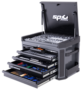 Sp Tools Tool Kit 281Pc Metric-Sae In Diamond Black Tech Series SP52255DX • 730(W) X 47(D) X 507(H) • 6-19Mm & 1/4-7/8" Roe Combination & 10-22Mm & 3/8-7/8" Flare Nut Spanners • 1/4” 3/8” & 1/2”Dr Sockets & Accessories • Hex Keys & Screwdrivers • Pliers & Cutters • Hammer Hacksaw & Tape Measure • Adjustable Wrench • Pry Bars & Hook And Pick Sets • 7 Drawer Tech Series Tool Box