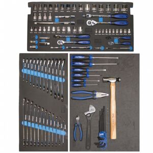 Sp Tools Toolkit 100Pc - Metric Only - (Suit Sp40101) SP50028 • All Sockets, Socket Accessories And Ring Open End Spanners Come In Hi-Density Foam Tool Storage System (Eva). • Chrome Vanadium Steel For High Durability. • Flat Drive Technology To Maximize Grip. • High Polish Finishes To Provide Easy Clean-Up. 1/4”Dr Sockets & Accessories • 12Pt - 4 To 13Mm • 45T Ratchet • Flex Handle • Wobble Extension Bars - 50 & 150Mm 3/8”Dr Sockets & Accessories • 12Pt - 8 To 19Mm • Spark Plug Sockets - 16 & 21Mm • 45T Ratchet • Flex Handle • Wobble Extension Bars - 75 & 150Mm • Adaptors - 3/8Fx1/4M & 3/8Fx1/2M 1/2”Dr Sockets & Accessories • 12Pt - 10 To 32Mm • 45T Ratchet • Flex Handle • Wobble Extension Bars - 125 & 250Mm • Adaptor - 1/2Fx3/8M • Combination Spanners - 8 To 19Mm • Geardrive - 8 To 19Mm • Screwdrivers - Sl3.0X75 Sl5.5X100 & Sl6.0X150 #0X75 #1X80 & #2X150 • Hex Keys - 1.5 To 10Mm • Pliers - Combination • Cutters - Diagonal • Adjustable Wrench • Hammer - Ball Pein