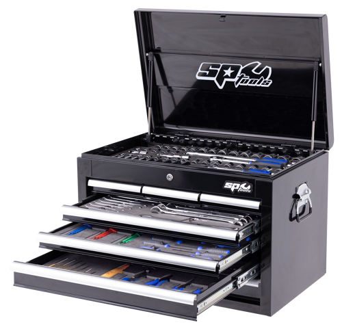 Sp Tools Toolkit 201Pc Metric - Black 7 Drawer Custom SP50120X 201Pc Metric Custom Series Tool Kit 465 (H) X 405 (D) X 668 (W) • Roe Combination Spanners • 1/4”, 3/8” & 1/2”Dr Sockets & Accessories • Adjustable Wrench • Ball Pein Hammer • Pliers And Cutters • Screwdriver Set • Hex Key Sets • Pin Punch Set • Hook & Pick Set • Bit Set & Tape Measure • 7 Drawer Steel Tool Box