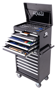 Sp Tools Toolkit 244Pc Metric/Sae - Black 15 Drawer Custom SP50104 244Pc Metric/Sae Custom Series Tool Kit 680(W) X 460(D) X 1405(H) • 1/4  3/8" & 1/2"Dr Sockets & Accessories • Quad Drive Roe Spanners - 6 To 19Mm & 1/4 To 7/8” • Screwdriver & Hex Key Sets • Hacksaw & Tape Measure • Pliers & Cutters • Adjustable Wrenches • 31Pc Bit Set Ratchet Driver • 4Pc Pry Bar Set • Various Hammers + Much More"