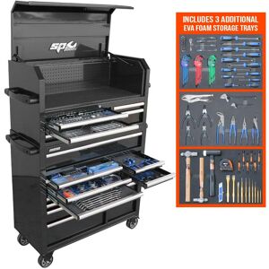 Sp Tools Toolkit 334Pc Metric/Sae - Black/Chrome 18 Dr Sumo SP50553X • Metric/Sae Sumo Series Power Hutch Tool Kit (1226W X 1610H X 480D) • Roe Spanners • 1/4”, 3/8” & 1/2”Dr Sockets & Accessories • Screwdrivers • Pliers & Cutters • Hex & Torx Keys • Adjustable Wrenches • Hammer & Hacksaw • Tape Measure & Bit Set • Digital Multimeter & Circuit Tester • 6X Tool Storage Trays • 5 Drawer Sumo Hutch • 13 Drawer Sumo Roller Cab.- Built-In 4 Outlet Power Board