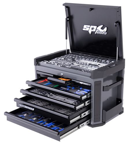 Sp Tools Toolkit 335Pc Metric-Sae Tool Kit In Diamond Black SP52275DX • 335Pc  Metric/Sae (Diamond Black) Concept Series Tool Kit • Quad Drive, Geardrive & Flexible Flare Spanners • 1/4”, 3/8” & 1/2”Dr Sockets & Accessories • Screwdrivers & Bit Sets • Pliers & Cutters • Hammer, Ball Pein & Dual Head • Tape Measure • 7 Drawer Tool Box