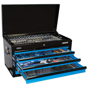 Sp Tools Toolkit 409Pc Metric/Sae - Black/Blue 7 Dr Sumo SP50171 406Pc Metric/Sae Tool Kit In Sumo Series Tool Box • 6 - 26Mm & 1/4” - 1” Roe Spanners • 1/4”, 3/8” & 1/2” Dr Sockets & Accessories • Screwdrivers • Pliers & Cutters • Adjustable Wrench • Hex & Torx Keys • Hammer • Foldback Knife • Pick Up Tool • Inspection Mirror • Magnetic Parts Tray • Circuit Tester • Multimeter • Pick Set, Tweezer Set & Pry Bar Set • Tape Measure • Screw Extractor Set • 7 Drawer Custom Sumo Series Tool Box