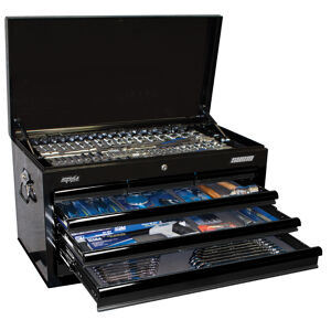 Sp Tools Toolkit 409Pc Metric/Sae - Black 7 Drawer Sumo SP50170 409Pc Metric/Sae Tool Kit In Sumo Series Tool Box • 6 - 26Mm & 1/4” - 1” Roe Spanners • 1/4”, 3/8” & 1/2” Dr Sockets & Accessories • Screwdrivers • Pliers & Cutters • Adjustable Wrench • Hex & Torx Keys • Hammer • Foldback Knife • Pick Up Tool • Inspection Mirror • Magnetic Parts Tray • Circuit Tester • Multimeter • Pick Set, Tweezer Set & Pry Bar Set • Tape Measure • Screw Extractor Set • 7 Drawer Custom Sumo Series Tool Box