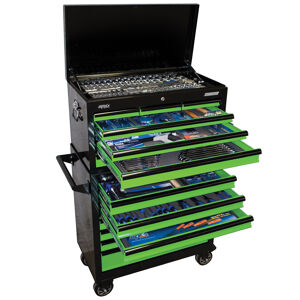 Sp Tools Toolkit 417Pc Metric/Sae - Black/Green 14 Dr Sumo SP50177 417Pc Metric/Sae Sumo Series Tool Kit (Black/Green) 1390 (H) X 460 (D) X 955 (W) • 6 - 26Mm & 1/4” - 1” Roe Spanners • 1/4”, 3/8” & 1/2” Dr Sockets & Accessories • Screwdrivers • Pliers & Cutters • Adjustable Wrench • Pick Up Tool • Inspection Mirror • Hex & Torx Keys • Hammer & Foldback Knife • Magnetic Parts Tray • Circuit Tester & Multimeter • Pick Set & Tape Measure • Screw Extractor Set • 7 Drawer Sumo Tool Box • 7 Drawer Sumo Roller Cabinet