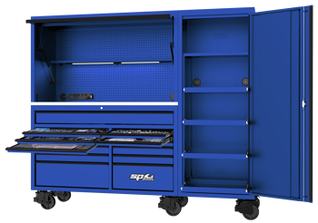Sp Tools Toolkit 517Pc Metric/Sae - 13 Drawer Blue Usa Series SP50800BL • Double Wall Super Duty Construction – All Usa Sumo Series Boxes Use 1.5Mm (14.5Ga) Steel Construction As Standard. That’S More Steel Than Like For Like Competitors. • Extra Height – Technicians Seem To Be Getting Taller Every Generation. Sp Tools Has Stepped It Up And Increased The Head Clearance Height On Our Usa Sumo Series Hutches. We Have Set The New Clearance At 1855Mm (6’1”). • Onboard Power – Charge And Store All Your Cordless Tools Lighting  And Diagnostic Equipment. Sp Tools Has Created A Unique Onboard Magnetic Attachment System So You Can Move And Use Your Power Where Ever You Need. • Super Duty Casters – All Usa Sumo Series Storage System Use The Unique Spring-Loaded Super Duty Caster. Each Caster Is Capable Of Supporting 400Kg. That Means Our Largest Box Stack Can Carry Up To 4000Kg Just On The Casters Alone. • Sp Max Bbs Drawer Slides – The Drawer Slides In The New Usa Sumo Series Have Lifted Us To A New Level Of Capacity Over And Above Our Existing Bbs. They Are Rated At 60Kg Per Drawer And 120Kg Per Drawer On The Wider And Deeper Drawers. • Sp One-Touch Cliklok – The New Drawer Retention System Has An Easy One Touch Single Handed Release And Open Function. The Perfect Combination To Keep The Drawers Securely Closed  But Easy To Open. • Uv Powder Coating – The Usa Sumo Series Uses The Latest Technology In Ultraviolet (Uv) Powder Coating. We Have Combined The Advantages Of Thermosetting Powder Coatings With Those Of Liquid Ultraviolet Cure Coating Technologies. Tools Include • 1/4  3/8"" & 1/2""Dr Sockets & Accessories • Quad Drive Roe Spanners - 6 To 26Mm & 1/4 To 1” • Gear Drive Spanners - 10 To 19Mm & 5/16” To 3/4 • Flare Nut Spanners - 10 To 22 & 3/8” To 7/8” • 12V Impact Wrench & Ratchet Wrench • Screwdrivers  & Hex Key Sets • Pliers  Cutters & Adjustable Wrenches • Hammers - Ball Pein Soft/Hard Head • Hacksaw & Tape Measure • Centre Punch Pin Punch & Chisel Set • Pry Bar Set & Gasket Scraper Set • Digital Electrical Multimeter & Circuit Tester • Mechanics Seat Cover & Magnetic Mudguard Protector • Sp Merch Pack + Much More Full Tool Listing At Sptools.Com""