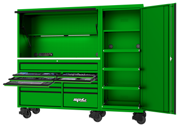 Sp Tools Toolkit 517Pc Metric/Sae - 13 Drawer Green Usa Series SP50800G • Double Wall Super Duty Construction – All Usa Sumo Series Boxes Use 1.5Mm (14.5Ga) Steel Construction As Standard. That’S More Steel Than Like For Like Competitors. • Extra Height – Technicians Seem To Be Getting Taller Every Generation. Sp Tools Has Stepped It Up And Increased The Head Clearance Height On Our Usa Sumo Series Hutches. We Have Set The New Clearance At 1855Mm (6’1”). • Onboard Power – Charge And Store All Your Cordless Tools Lighting  And Diagnostic Equipment. Sp Tools Has Created A Unique Onboard Magnetic Attachment System So You Can Move And Use Your Power Where Ever You Need. • Super Duty Casters – All Usa Sumo Series Storage System Use The Unique Spring-Loaded Super Duty Caster. Each Caster Is Capable Of Supporting 400Kg. That Means Our Largest Box Stack Can Carry Up To 4000Kg Just On The Casters Alone. • Sp Max Bbs Drawer Slides – The Drawer Slides In The New Usa Sumo Series Have Lifted Us To A New Level Of Capacity Over And Above Our Existing Bbs. They Are Rated At 60Kg Per Drawer And 120Kg Per Drawer On The Wider And Deeper Drawers. • Sp One-Touch Cliklok – The New Drawer Retention System Has An Easy One Touch Single Handed Release And Open Function. The Perfect Combination To Keep The Drawers Securely Closed  But Easy To Open. • Uv Powder Coating – The Usa Sumo Series Uses The Latest Technology In Ultraviolet (Uv) Powder Coating. We Have Combined The Advantages Of Thermosetting Powder Coatings With Those Of Liquid Ultraviolet Cure Coating Technologies. Tools Include • 1/4  3/8"" & 1/2""Dr Sockets & Accessories • Quad Drive Roe Spanners - 6 To 26Mm & 1/4 To 1” • Gear Drive Spanners - 10 To 19Mm & 5/16” To 3/4 • Flare Nut Spanners - 10 To 22 & 3/8” To 7/8” • 12V Impact Wrench & Ratchet Wrench • Screwdrivers  & Hex Key Sets • Pliers  Cutters & Adjustable Wrenches • Hammers - Ball Pein Soft/Hard Head • Hacksaw & Tape Measure • Centre Punch Pin Punch & Chisel Set • Pry Bar Set & Gasket Scraper Set • Digital Electrical Multimeter & Circuit Tester • Mechanics Seat Cover & Magnetic Mudguard Protector • Sp Merch Pack + Much More Full Tool Listing At Sptools.Com""