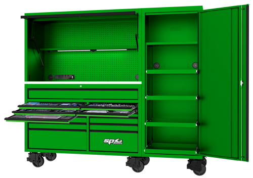 Sp Tools Toolkit 517Pc Metric/Sae - 13 Drawer Green Usa Series SP50800G • Double Wall Super Duty Construction – All Usa Sumo Series Boxes Use 1.5Mm (14.5Ga) Steel Construction As Standard. That’S More Steel Than Like For Like Competitors. • Extra Height – Technicians Seem To Be Getting Taller Every Generation. Sp Tools Has Stepped It Up And Increased The Head Clearance Height On Our Usa Sumo Series Hutches. We Have Set The New Clearance At 1855Mm (6’1”). • Onboard Power – Charge And Store All Your Cordless Tools Lighting  And Diagnostic Equipment. Sp Tools Has Created A Unique Onboard Magnetic Attachment System So You Can Move And Use Your Power Where Ever You Need. • Super Duty Casters – All Usa Sumo Series Storage System Use The Unique Spring-Loaded Super Duty Caster. Each Caster Is Capable Of Supporting 400Kg. That Means Our Largest Box Stack Can Carry Up To 4000Kg Just On The Casters Alone. • Sp Max Bbs Drawer Slides – The Drawer Slides In The New Usa Sumo Series Have Lifted Us To A New Level Of Capacity Over And Above Our Existing Bbs. They Are Rated At 60Kg Per Drawer And 120Kg Per Drawer On The Wider And Deeper Drawers. • Sp One-Touch Cliklok – The New Drawer Retention System Has An Easy One Touch Single Handed Release And Open Function. The Perfect Combination To Keep The Drawers Securely Closed  But Easy To Open. • Uv Powder Coating – The Usa Sumo Series Uses The Latest Technology In Ultraviolet (Uv) Powder Coating. We Have Combined The Advantages Of Thermosetting Powder Coatings With Those Of Liquid Ultraviolet Cure Coating Technologies. Tools Include • 1/4  3/8"" & 1/2""Dr Sockets & Accessories • Quad Drive Roe Spanners - 6 To 26Mm & 1/4 To 1” • Gear Drive Spanners - 10 To 19Mm & 5/16” To 3/4 • Flare Nut Spanners - 10 To 22 & 3/8” To 7/8” • 12V Impact Wrench & Ratchet Wrench • Screwdrivers  & Hex Key Sets • Pliers  Cutters & Adjustable Wrenches • Hammers - Ball Pein Soft/Hard Head • Hacksaw & Tape Measure • Centre Punch Pin Punch & Chisel Set • Pry Bar Set & Gasket Scraper Set • Digital Electrical Multimeter & Circuit Tester • Mechanics Seat Cover & Magnetic Mudguard Protector • Sp Merch Pack + Much More Full Tool Listing At Sptools.Com""