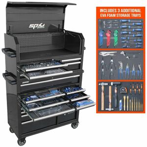 Sp Tools Toolkit 548Pc Metric/Sae - Black/Chrome 18 Dr Sumo SP50557X • Metric/Sae Sumo Series Power Hutch Tool Kit 1066(W) X 480(D) X 1610(H) Metric & Sae • 1/4”, 3/8” & 1/2”Dr Sockets & Access. • Gear Drive Roe, Stubby Roe & Gear Drive Spanners • E Torx Sockets & Spanners • 1/2”Dr Impact Sockets, Inhex & Torx Bits • Adjustable Wrenches • T-Handle Hex & Torx Keys • Hammers, Pliers, Cutters & Wire Strippers, Hand Riveter & Ratchet Set, Burr Set, Digital Multimeter, Work Light, Filter Wrench & Metal Rulers • 5 Drawer Hutch & 13 Drawer Roll Cab. • Built-In Power Board With 4 Ndividually Switched Power Outlets And 4 Usb Ports, Adjustable Shelf And Deep Drawer