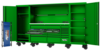 Sp Tools Toolkit 708Pc Metric/Sae Green - 21 Drawer Usa Series SP50850G • Double Wall Super Duty Construction – All Usa Sumo Series Boxes Use 1.5Mm (14.5Ga) Steel Construction As Standard. That’S More Steel Than Like For Like Competitors. • Extra Height – Technicians Seem To Be Getting Taller Every Generation. Sp Tools Has Stepped It Up And Increased The Head Clearance Height On Our Usa Sumo Series Hutches. We Have Set The New Clearance At 1855Mm (6’1”). • Onboard Power – Charge And Store All Your Cordless Tools Lighting  And Diagnostic Equipment. Sp Tools Has Created A Unique Onboard Magnetic Attachment System So You Can Move And Use Your Power Where Ever You Need. • Super Duty Casters – All Usa Sumo Series Storage System Use The Unique Spring-Loaded Super Duty Caster. Each Caster Is Capable Of Supporting 400Kg. That Means Our Largest Box Stack Can Carry Up To 4000Kg Just On The Casters Alone. • Sp Max Bbs Drawer Slides – The Drawer Slides In The New Usa Sumo Series Have Lifted Us To A New Level Of Capacity Over And Above Our Existing Bbs. They Are Rated At 60Kg Per Drawer And 120Kg Per Drawer On The Wider And Deeper Drawers. • Sp One-Touch Cliklok – The New Drawer Retention System Has An Easy One Touch Single Handed Release And Open Function. The Perfect Combination To Keep The Drawers Securely Closed  But Easy To Open. • Uv Powder Coating – The Usa Sumo Series Uses The Latest Technology In Ultraviolet (Uv) Powder Coating. We Have Combined The Advantages Of Thermosetting Powder Coatings With Those Of Liquid Ultraviolet Cure Coating Technologies. Tools Include • 1/4  3/8"" & 1/2""Dr Sockets & Accessories • Quad Drive Roe Spanners - 6 To 26Mm & 1/4 To 1” • Gear Drive Spanners - 10 To 19Mm & 5/16” To 3/4 • Flare Nut Spanners - 10 To 22 & 3/8” To 7/8” • 12V Impact Wrench & Ratchet Wrench • Screwdrivers  & Hex Key Sets • Pliers  Cutters & Adjustable Wrenches • Hammers - Ball Pein Soft/Hard Head • Hacksaw & Tape Measure • Centre Punch Pin Punch & Chisel Set • Pry Bar Set & Gasket Scraper Set • Digital Electrical Multimeter & Circuit Tester • Mechanics Seat Cover & Magnetic Mudguard Protector • Sp Merch Pack + Much More Full Tool Listing At Sptools.Com""