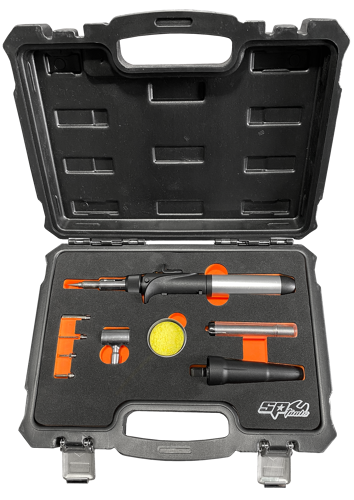 Sp Tools Torch - Heat/Solder Kit Sp SP32290 Self-Igniting Pro Gas Soldering / Torch Kit • Professional Self-Igniting Cordless Butane Gas Soldering Iron With Interchangeable Tips To Suit Most Soldering Applications• Fuel Type: Butane Gas • Gas Storage Capacity: 13G • Operation Time: 70Mins (Approx.) • Heating Time & Temp: 150°C In 25S • Top Temperature: 425°C