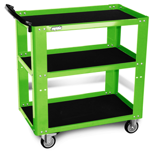 Sp Tools Trolley Green Sp Professional 3 Shelf SP40019G 3 Shelf Professional Service Trolley (870W X 475D X 848H) • Solid Steel Frame • Adjustable Middle Tray - Drop Down For More Tray Space • 2X Fixed & 2X Lockable Swivel Heavy Duty Castors • 150Kg Load Capacity