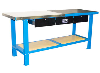 Sp Tools Work Bench Custom 2000Mm 3 Drawer Bom SP40400 2000Mm Custom Series Workshop Bench • Size (2000W X 645D X 872H) • Combination Stainless Steel/ Rubber Work Top • 3 X Lockable Drawers • Load Capacity 1 Tonnes • Can Be Bolted To Floor