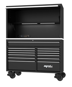 Sp Tools Workstation Usa59 Black/Chrome SP44740 59" Usa Sumo Series Power Top Hutch • Steel Pegboard Rear Wall To Organise Frequently Used Tools • 2 Built-In 600Mm Led Lights • Includes 2X Magnetic Mount Power Boards Each With 4 Power Outlets And 2 Usb Ports Ideal For Power Tools Chargers Etc 59"" Usa Sumo Series Roller • Heavy Duty Steel Wall Construction • Stainless Steel Work Top • Full Length Deep Top Drawer • Includes Magnetic Mount Power Board • Power Board Cable Access Ports On Sides"