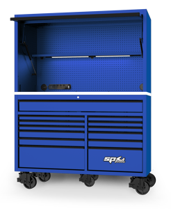 Sp Tools Workstation Usa59 Blue/Black SP44740BL 59" Usa Sumo Series Power Top Hutch • Steel Pegboard Rear Wall To Organise Frequently Used Tools • 2 Built-In 600Mm Led Lights • Includes 2X Magnetic Mount Power Boards Each With 4 Power Outlets And 2 Usb Ports Ideal For Power Tools Chargers Etc 59"" Usa Sumo Series Roller • Heavy Duty Steel Wall Construction • Stainless Steel Work Top • Full Length Deep Top Drawer • Includes Magnetic Mount Power Board • Power Board Cable Access Ports On Sides"