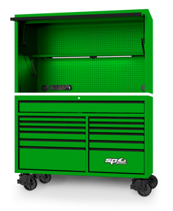 Sp Tools Workstation Usa59 Green/Black SP44740G 59" Usa Sumo Series Power Top Hutch • Steel Pegboard Rear Wall To Organise Frequently Used Tools • 2 Built-In 600Mm Led Lights • Includes 2X Magnetic Mount Power Boards Each With 4 Power Outlets And 2 Usb Ports Ideal For Power Tools Chargers Etc 59"" Usa Sumo Series Roller • Heavy Duty Steel Wall Construction • Stainless Steel Work Top • Full Length Deep Top Drawer • Includes Magnetic Mount Power Board • Power Board Cable Access Ports On Sides"
