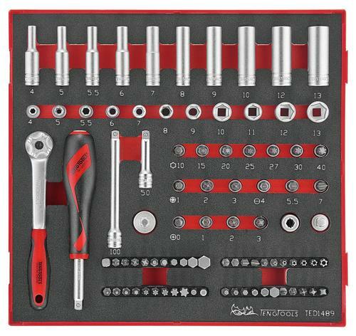 Teng 1/4" Dr. 89Pc Metric Socket Set TED1489 1/4" Drive Regular And Deep Sockets
A Comprehensive Range Of 1/4" Hex Drive 25Mm Bits
Supplied In The Unique Tengtools Double Width Tc Tray
Tools Are Held In Place Using Three Colour Pre-Cut Eva Foam Clearly Showing Where Each Tool Belongs
Designed And Manufactured To Din And Iso Standards
