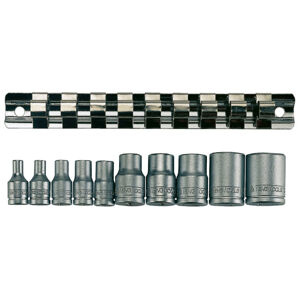 Teng 1/4" & 3/8" Dr 10 Pc E-Torx Socket Set On Rail M3814 Tx-E Clip Rail Set
Chrome Vanadium
Ball Bearing Recess On The Female End To Grip The Ratchet
Designed For Use With Protruding Tx Head Screws
Supplied With A Clip Rail With Socket Clips For Easy Storage As A Set