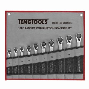 Teng 10 Pc 10-19Mm Ratchet Combination Spanner Set 6510RMM 72 Teeth Ratchet Spanners Giving A 5° Increment Between Clicks
Reversible Ratchet Mechanism With Hip Grip & Flip Reverse Lever
Chrome Vanadium Satin Finish
Supplied In A Handy Tool Roll Style Wallet
Designed And Manufactured To Din Iso 1711-1 And Din 3113A