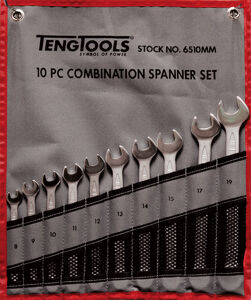 Teng 10 Pc 8-19Mm Combination Spanner Set  6510MM Off Set At 15° For Easier Use On Flat Surfaces
Tengtools Hip Grip Design For Contact With The Flat Side Of The Fastening
Chrome Vanadium Satin Finish
Supplied In A Handy Tool Roll Style Wallet
Designed And Manufactured To Din3113A