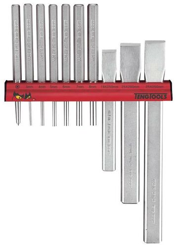 Teng 10 Pc Punch & Chisel Set On Wall Rack WRPC10 Flat Cold Chisel Made From Chrome Molybdenum
Pin Punches Made From Chrome Vanadium
Supplied With A Wall Rack For Fixing To The Wall Or A Workbench