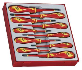 Teng 10 Pc Vde Screwdriver Set Tc-Tray TTDV910N Approved For Live Working Up To 1,000 Volts
Integrated Protective Insulation With Two Colours To Clearly Indicate If There Is Any Damage
Designed And Manufactured To Din5264, Din Iso 8764-1 And Iec60900 (En60900)