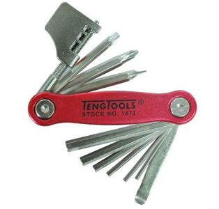 Teng 11 Pc Bike Key Set 1473 Designed For Cyclists To Carry Easily
Includes Hexagon, Tx And Screwdriver Keys Together With A Tyre Lever And Chain Repair Tool
Chrome Nickel Finish
Supplied In A Handy Fold Up Aluminium Case