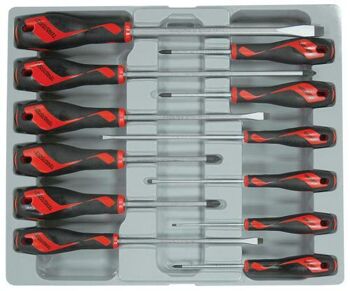 Teng 12 Pc Screwdriver Set MD912N Tt-Mv Plus Steel Alloy For Greater Strength And Material Flexibilty
Ergonomically Designed Bi-Material Handle For Easy Use With Higher Torque And Faster Speed
Hole In The Handle For Hanging Or For Use As A T Handle For Extra Torque Or With A Fall Protection Wire If Needed
The Handle Is Moulded Around The Blade To Ensure Straightness And To Allow Larger Blade Wings Which Give A Higher Torque Capacity
Supplied In A Full Colour Display Box With Ps Tray