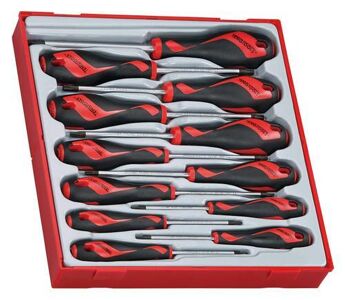 Teng 12 Pc Tx Screwdriver Set Tc-Tray TTD912TXN Tt-Mv Plus Steel Alloy For Greater Strength And Material Flexibilty
Ergonomically Designed Bi-Material Handle For Easy Use With Higher Torque
Hanging Hole In The Handle For Use As A T Handle Or With A Fall Protection Wire
The Handle Is Moulded Around The Blade To Give A Higher Torque Capacity