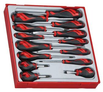 Teng 14 Pc Screwdriver Set Tc-Tray TTD914N Tt-Mv Plus Steel Alloy For Greater Strength And Material Flexibilty
Ergonomically Designed Bi-Material Handle For Easy Use With Higher Torque
Hanging Hole In The Handle For Use As A T Handle Or With A Fall Protection Wire
The Handle Is Moulded Around The Blade To Give A Higher Torque Capacity