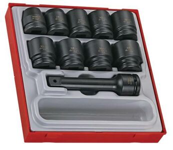 Teng 16 Pc 3/4" Dr Impact Socket Set Double Tray TTD9416 7" Impact Extension Bar Included For Reaching In To Recessed Wheels, Etc
Din Standard Design For Use With A Retaining Pin And Ring (Included)
Chrome Molybdenum For Use With Power Tools
Supplied In The Unique Tengtools Double Width Tc Tray