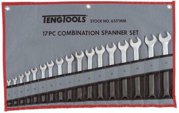 Teng 17 Pc Spanner Set In Wallet 6-22Mm 6517MM Off Set At 15° For Easier Use On Flat Surfaces
Tengtools Hip Grip Design For Contact With The Flat Side Of The Fastening
Chrome Vanadium Satin Finish
Supplied In A Handy Tool Roll Style Wallet
Designed And Manufactured To Din3113A