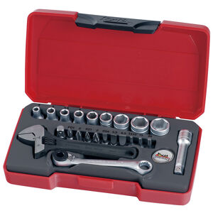 Teng 23 Pc 1/4" Dr Tool Set T1423 Regular 6 Point Single Hexagon Sockets For A Better Grip
Chrome Vanadium Satin Finish Sockets
A Selection Of Screwdriver And Hex Bits
Supplied In The Unique Tengtools Case With A Snap Lock
Hard Wearing Hinge With A Metal Pin For Longer Life
Designed And Manufactured To Din And Iso Standards