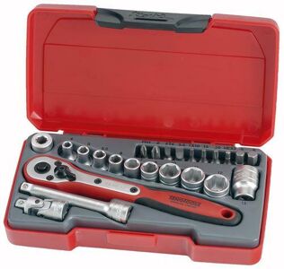 Teng 24 Pc 1/4" Dr Tool Set T1424 Regular 6 Point Single Hexagon Sockets For A Better Grip
Chrome Vanadium Satin Finish Sockets
A Selection Of Screwdriver And Hex Bits
Supplied In The Unique Tengtools Case With A Snap Lock
Hard Wearing Hinge With A Metal Pin For Longer Life
Designed And Manufactured To Din And Iso Standards