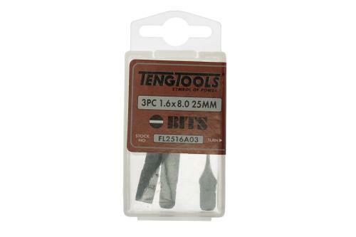 Teng 25Mm 1/4" Hex 1.6 X 8.0 Flat Bit 3 Pc FL2516A03 For Use With 1/4" Hex Drive Bit Holders And Accessories
Designed For Use With Slotted Type Screws And Fastenings
Designed And Manufactured To Din Iso 1173 & Din Iso 2351-1