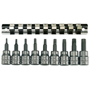 Teng 3/8" Dr 10 Pc Torx Bit Socket Set On Rail M3813TX Chrome Vanadium
S2 Steel Bits Pressed In To The Socket
Satin Finish For A Better Grip When Handling The Socket
Designed For Use With Tx Fastenings
Supplied With A Clip Rail With Socket Clips For Easy Storage As A Set