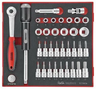 Teng 3/8" Dr. 36Pc Metric Socket Set TED3836 3/8" Drive Regular Length Sockets
A Range Of 3/8" Drive Socket Bits Covering Hex And Tx Sizes
Tools Are Held In Place Using Three Colour Pre-Cut Eva Foam Clearly Showing Where Each Tool Belongs
Designed And Manufactured To Din And Iso Standards