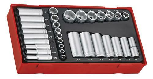 Teng 32 Pc 1/4" & 3/8" Dr Socket Set Tc-Tray TTAF32 Regular And Deep 6 Point Single Hexagon Sockets
Chrome Vanadium Satin Finish Sockets
Designed And Manufactured To Din3120/3124 And Iso2725