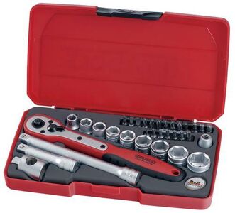 Teng 34 Pc 3/8" Dr Tool Set T3834 Regular 6 Point Single Hexagon Sockets For A Better Grip
Chrome Vanadium Satin Finish Sockets
A Selection Of Screwdriver, Hex And Tx Bits
Supplied In The Unique Tengtools Case With A Snap Lock
Hard Wearing Hinge With A Metal Pin For Longer Life
Designed And Manufactured To Din And Iso Standards