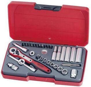 Teng 35 Pc1/4" Dr Tool Af Set T1435AF Regular 6 Point Single Hexagon Sockets For A Better Grip
Chrome Vanadium Satin Finish Sockets
A Selection Of Screwdriver And Hex Bits
Supplied In The Unique Tengtools Case With A Snap Lock
Hard Wearing Hinge With A Metal Pin For Longer Life
Designed And Manufactured To Din And Iso Standards