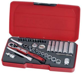 Teng 36 Pc 1/4" Dr Tool Set T1436 Regular 6 Point Single Hexagon Sockets For A Better Grip
Chrome Vanadium Satin Finish Sockets
A Selection Of Screwdriver And Hex Bits
Supplied In The Unique Tengtools Case With A Snap Lock
Hard Wearing Hinge With A Metal Pin For Longer Life
Designed And Manufactured To Din And Iso Standards