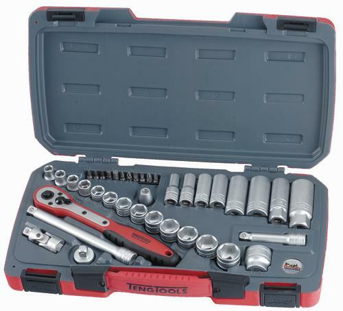 Teng 39 Pc 3/8" Dr Tool Set T3839 Regular And Deep 6 Point Single Hexagon Sockets For A Better Grip
Chrome Vanadium Satin Finish Sockets
A Selection Of Screwdriver, Hex And Tx Bits
Hard Wearing Case With Distinctive Branding
Tools Clearly Laid Out To Easily Identify Which Tool Belongs Where
Designed And Manufactured To Din And Iso Standards