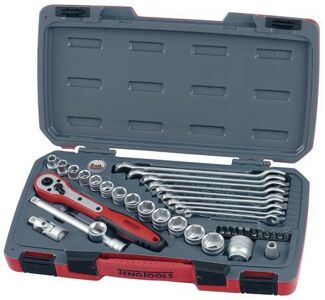 Teng 40 Pc 3/8" Dr Tool Set T3840 Regular And 6 Point Single Hexagon Sockets For A Better Grip
Combination Spanners
Chrome Vanadium Satin Finish Sockets And Spanners
A Selection Of Screwdriver, Hex And Tx Bits
Hard Wearing Case With Distinctive Branding
Tools Clearly Laid Out To Easily Identify Which Tool Belongs Where
Designed And Manufactured To Din And Iso Standards