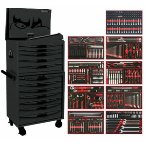 Teng 493 Pc Mm / Af Eva Tool Kit 8 Series Black TCM493EVANBK 12 Drawer Metric/Af Eva Kit

153 Sockets & Accessories
85 Specialist Bits Sockets, Flat, Ph, Pz, Tx, Tpx, Hex, Tx-E, Spline & Ribe Sockets
Sockets: Std 4-24Mm, 3/16” To 1-1/4”. Deep 4-19Mm, 3/16” To 3/4”
21 1/2” Dr Metric Impact Socket Set Std & Deep
13 Pce Ext Set
2 Torque Wrenches 3/8” & 1/2” Dr
37 Pce Combo Spanner Set 5.5-32Mm, 5/16” To 1-1/4”
8 Metric Double Ring Spanners 6-24Mm
12 Pce Ratcheting Metric Combo Spanners 8-19Mm
5 Pce Plier Set
27 S/Driver Blade, Ph, Pz, Tx
5 Pce Wheel Nut Socket Set Including 1/2” Dr Breaker Bar
3 Iq Shifters & 1 Extra Wide Opening Shifter
Metric & Af Hex Keys, Tx 6-40 Keys, Folding Set (Hex, Tx, Blade, Ph & Pz)
T-Handle Hex Keys Tx/Tpx/Hex
14 Pce Punch & Chisel Set
Pry Bar & Tyre Lever Set