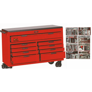 Teng 541 Pc Mega Tool Kit TCM541 9 Drawer, 53" Wide 8 Series Tool Box, With Work Bench Top

34 Combination Spanners Af/Metric 5/16"-1-1/4", 8-32Mm, 16 Ratchet Combination Spanners Af/Metric
11 Double Ring Spanners
17 Pliers
15 Screwdrivers
12 Mini Screwdrivers
Ratcheting Screwdriver Set
14 T-Handle Hex Key Af/Metric
Oil Service Kit
Brake Service Kit
13 Pce Extension Set
9 Pce General Tool Kit
1/2" Dr Torque Wrench
1/2" Breaker Bar 1/2" Drv Impact Gun
1/2" Drv Impact Sockets Standard & Deep, Impact Accessories
Deluxe Pry Bar Set
Pin Punches
Files,
Chisels
Impact Driver & Rivet Gun