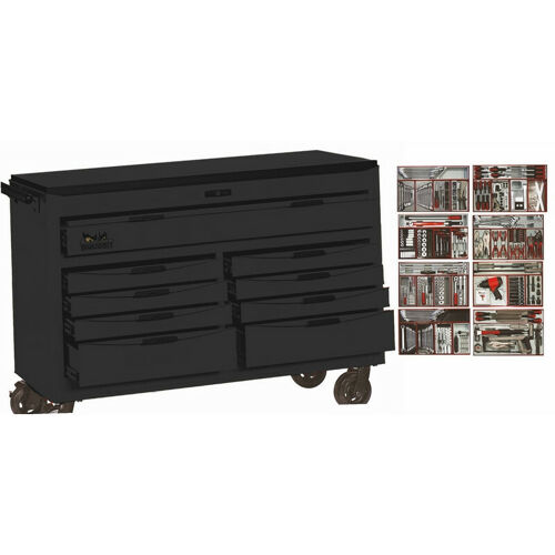 Teng 542 Pc Mega Tool Kit Black TCM541BK 9 Drawer, 53" Wide 8 Series Tool Box, With Work Bench Top

34 Combination Spanners Af/Metric 5/16"-1-1/4", 8-32Mm, 16 Ratchet Combination Spanners Af/Metric
11 Double Ring Spanners
17 Pliers
15 Screwdrivers
12 Mini Screwdrivers
Ratcheting Screwdriver Set
14 T-Handle Hex Key Af/Metric
Oil Service Kit
Brake Service Kit
13 Pce Extension Set
9 Pce General Tool Kit
1/2" Dr Torque Wrench
1/2" Breaker Bar 1/2" Drv Impact Gun
1/2" Drv Impact Sockets Standard & Deep, Impact Accessories
Deluxe Pry Bar Set
Pin Punches
Files,
Chisels
Impact Driver & Rivet Gun