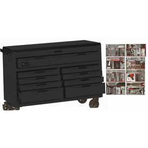 Teng 542 Pc Mega Tool Kit Black TCM541BK 9 Drawer, 53" Wide 8 Series Tool Box, With Work Bench Top

34 Combination Spanners Af/Metric 5/16"-1-1/4", 8-32Mm, 16 Ratchet Combination Spanners Af/Metric
11 Double Ring Spanners
17 Pliers
15 Screwdrivers
12 Mini Screwdrivers
Ratcheting Screwdriver Set
14 T-Handle Hex Key Af/Metric
Oil Service Kit
Brake Service Kit
13 Pce Extension Set
9 Pce General Tool Kit
1/2" Dr Torque Wrench
1/2" Breaker Bar 1/2" Drv Impact Gun
1/2" Drv Impact Sockets Standard & Deep, Impact Accessories
Deluxe Pry Bar Set
Pin Punches
Files,
Chisels
Impact Driver & Rivet Gun